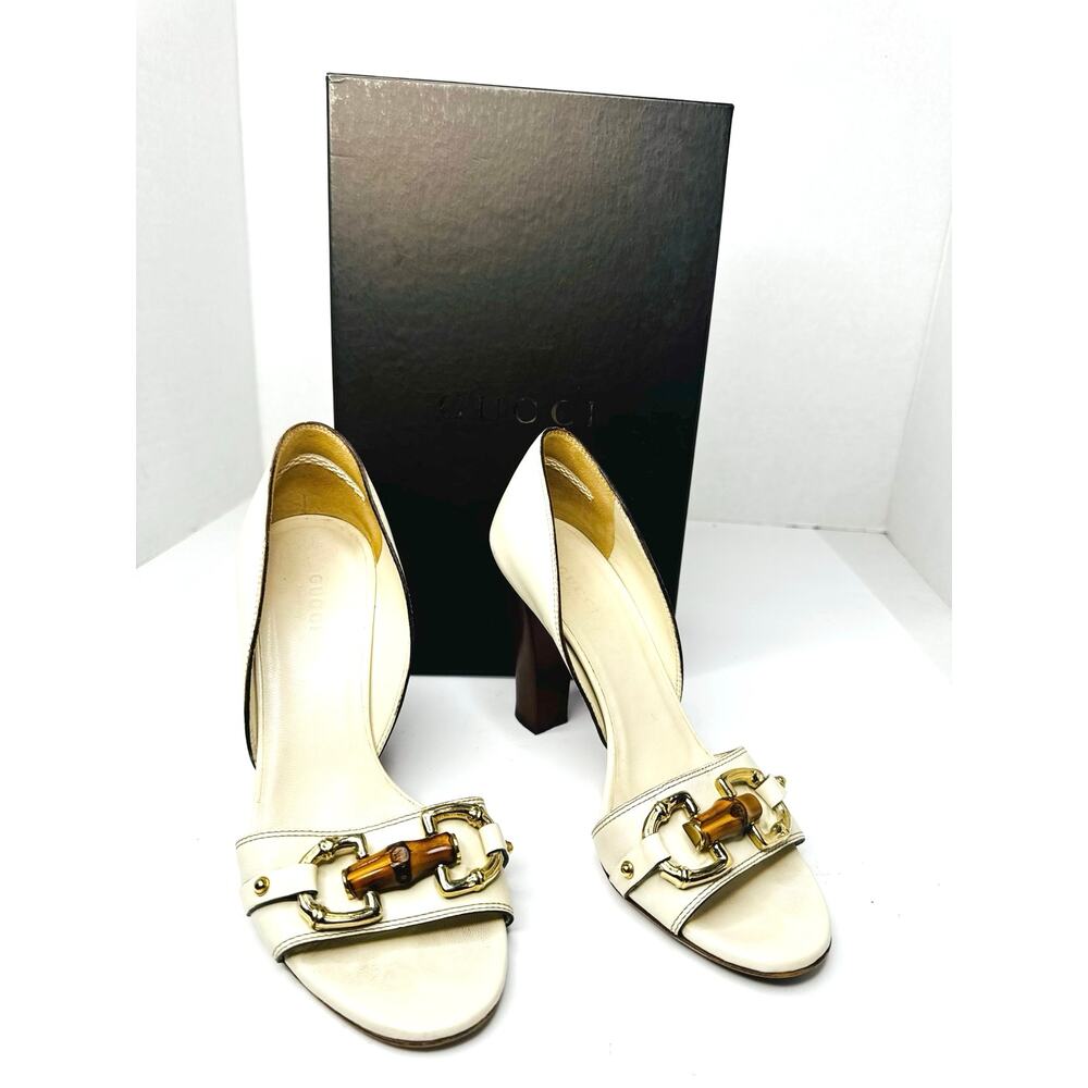 Gucci Ivory Leather Bamboo Horsebit Open Toe Pumps Women Mule Heel Size 6B - Picture 4 of 10